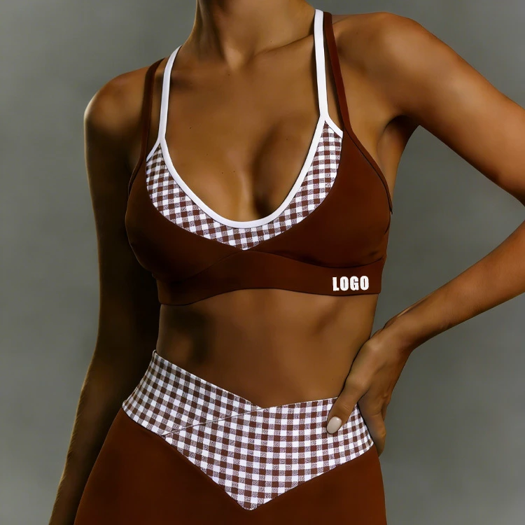 Custom Grid Pattern 2 in 1 Double Layer Bra High Support Breathable Pilates Recycled Fabric Female Contrasting Color Leisurewear
