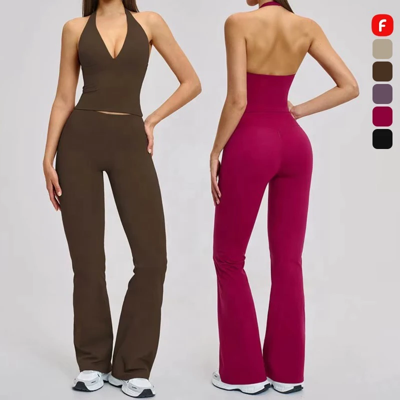 FANCO Women 2 Piece Outfits Workout Yoga Sports Track Suits Halter Neck Crop Top High Waist Flared Pant Sets