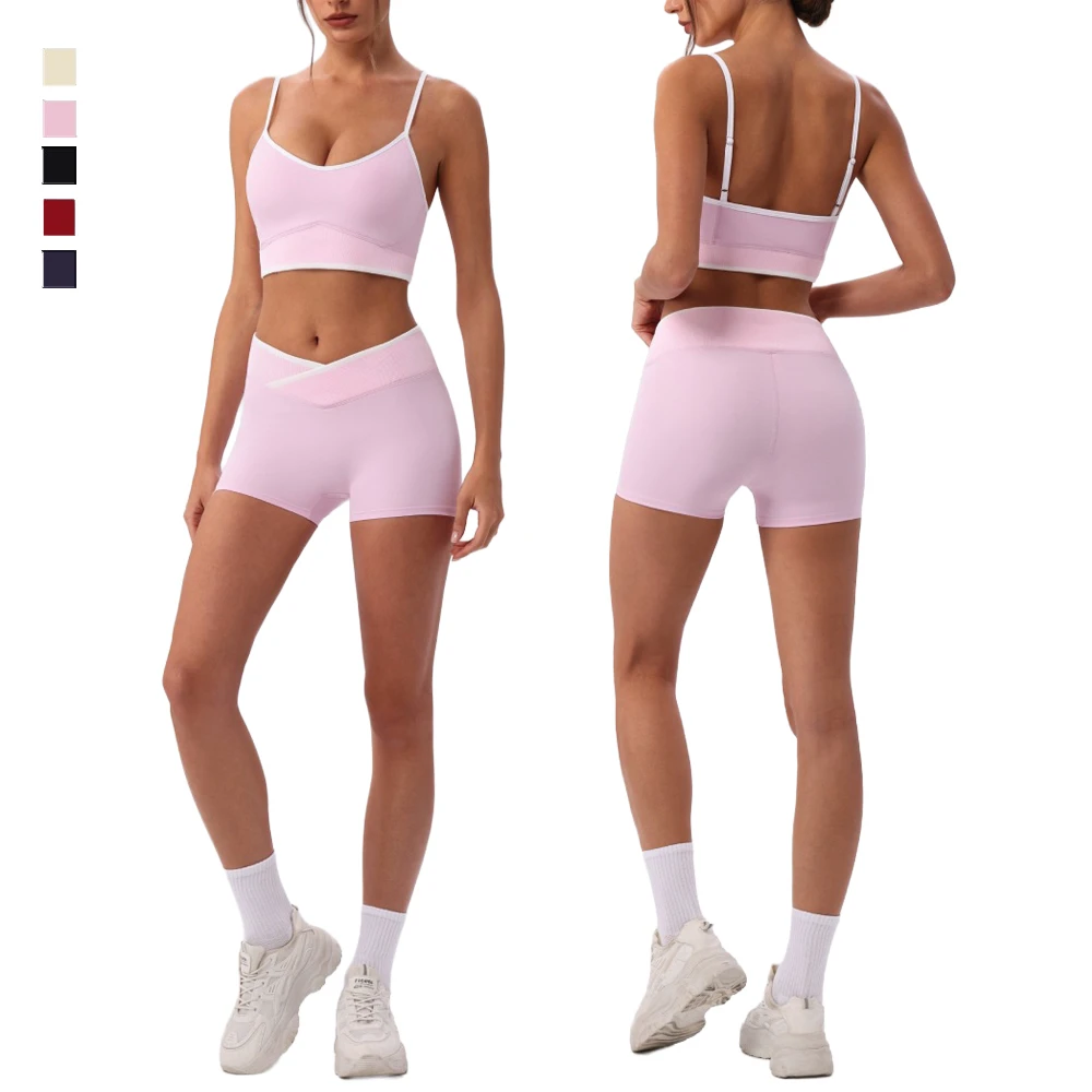 Women Solid Yoga Set Breathable Quick Dry Adjustable Straps Sports Bra Elastic V Cross Waist Running Shorts Contrast Stitch