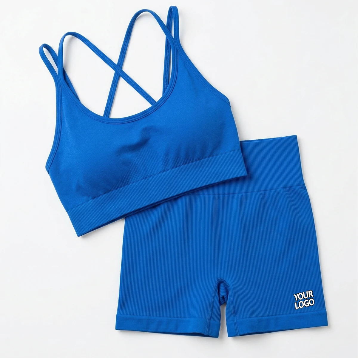 High Elasticity Polyamide Fabric Cross Back Sports Bra 2-Piece Set Solid Pattern Breathable Quick Dry for Women Fitness Exercise