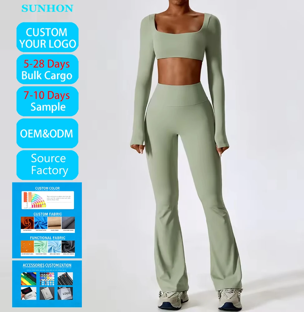 Womens Customized Recycling Square Collar Long Sleeve Cut Top Yoga Pants 2-Piece Set High Waist Elastic Waist Trumpet Shaped Gym