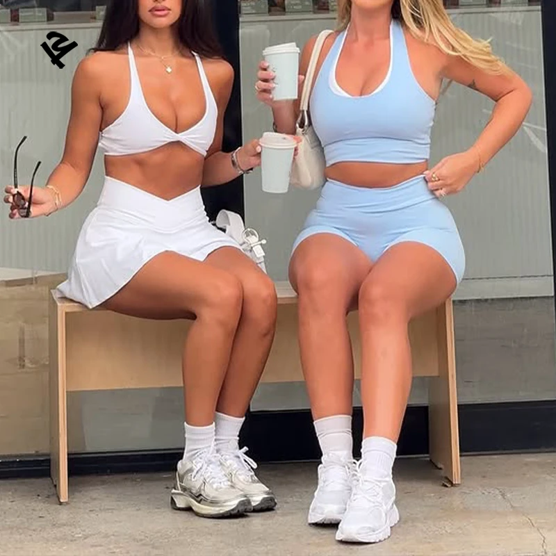 Light Blue Yoga 2 Piece Halter Crop Top High Waist Shorts Set Gym Fitness Workout Clothing for Women Sport Short Tracksuit