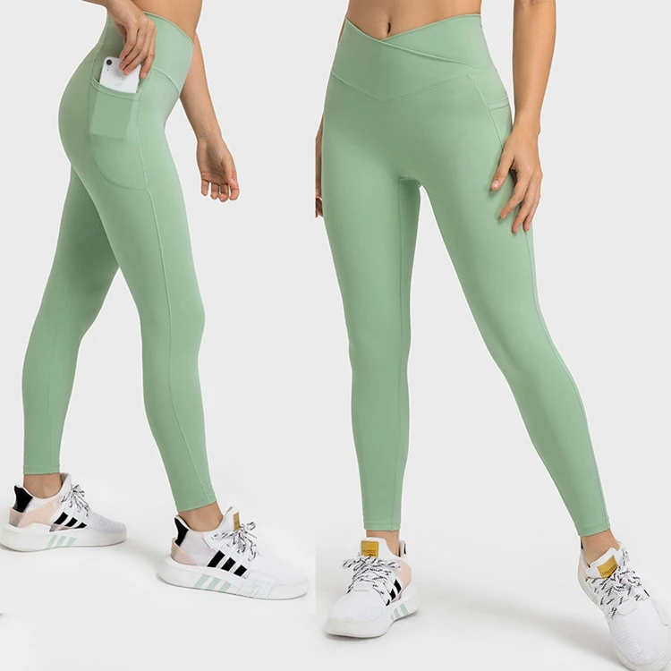 2025 Women's Blank Colors No Front Seam Full Length Fitness Leggings Cross High Waist Side Pockets Customized Yoga Pants