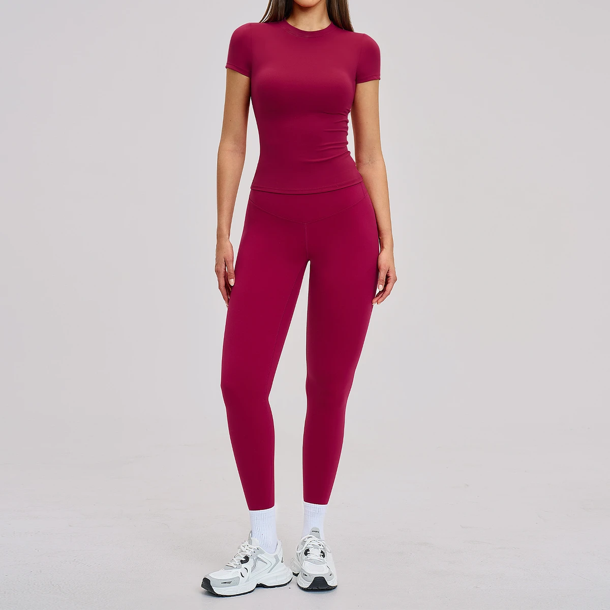 Solid Spandex/Nylon Quick-drying Short-sleeved Tight Yoga 2-Piece Set For Spring High-intensity Running Fitness Women
