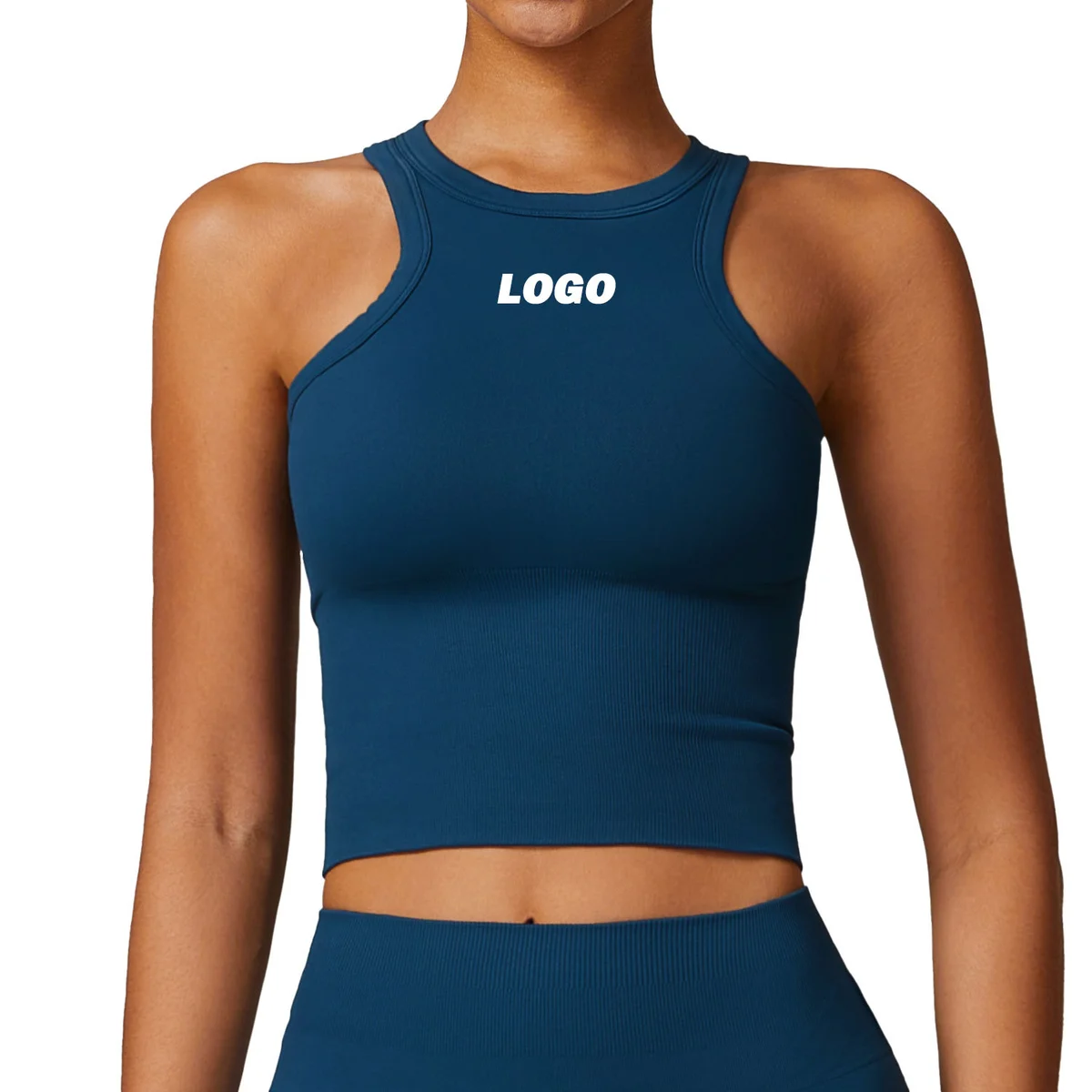 Custom Logo Seamless Fitness Sports Bra Women's Sexy Sleeveless Racer Back High Neck Padded Gym Solid Yoga Tank Tops