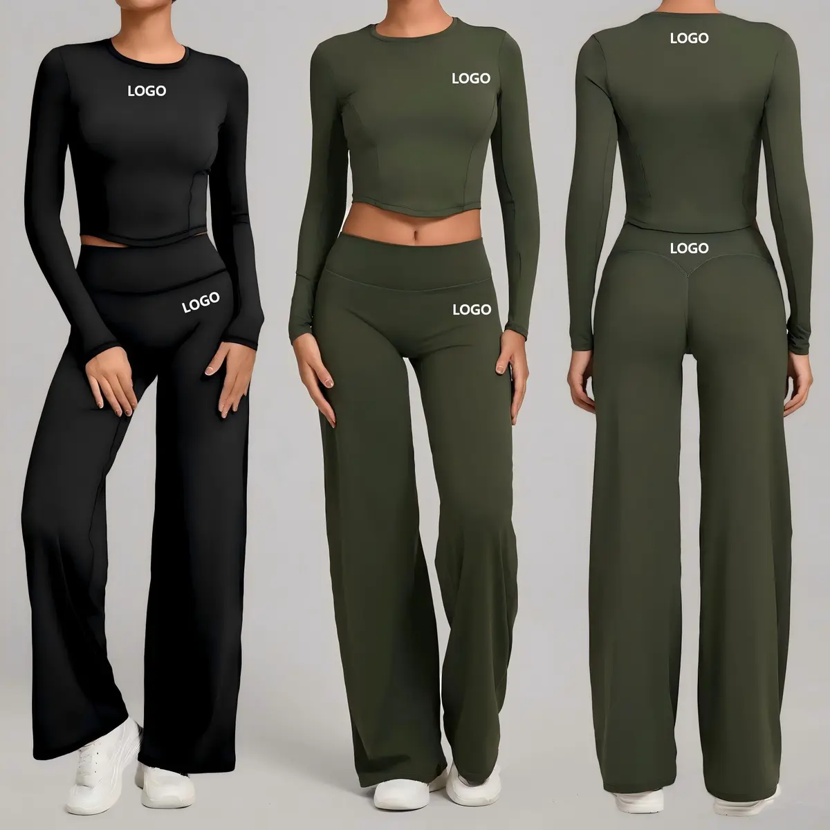 Women's Yoga 2-Piece Set Solid Breathable Spandex/Nylon Cropped Tops Long Sleeves Elastic Waist High-Waisted Straight Leggings