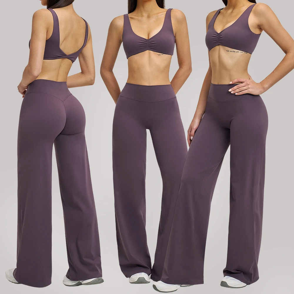 Custom Women's Yoga Fitness 2-Piece Set Ruched V-Neck Sports Bra High Waist Flared Leggings 4-Way Stretch Breathable Yoga Sets