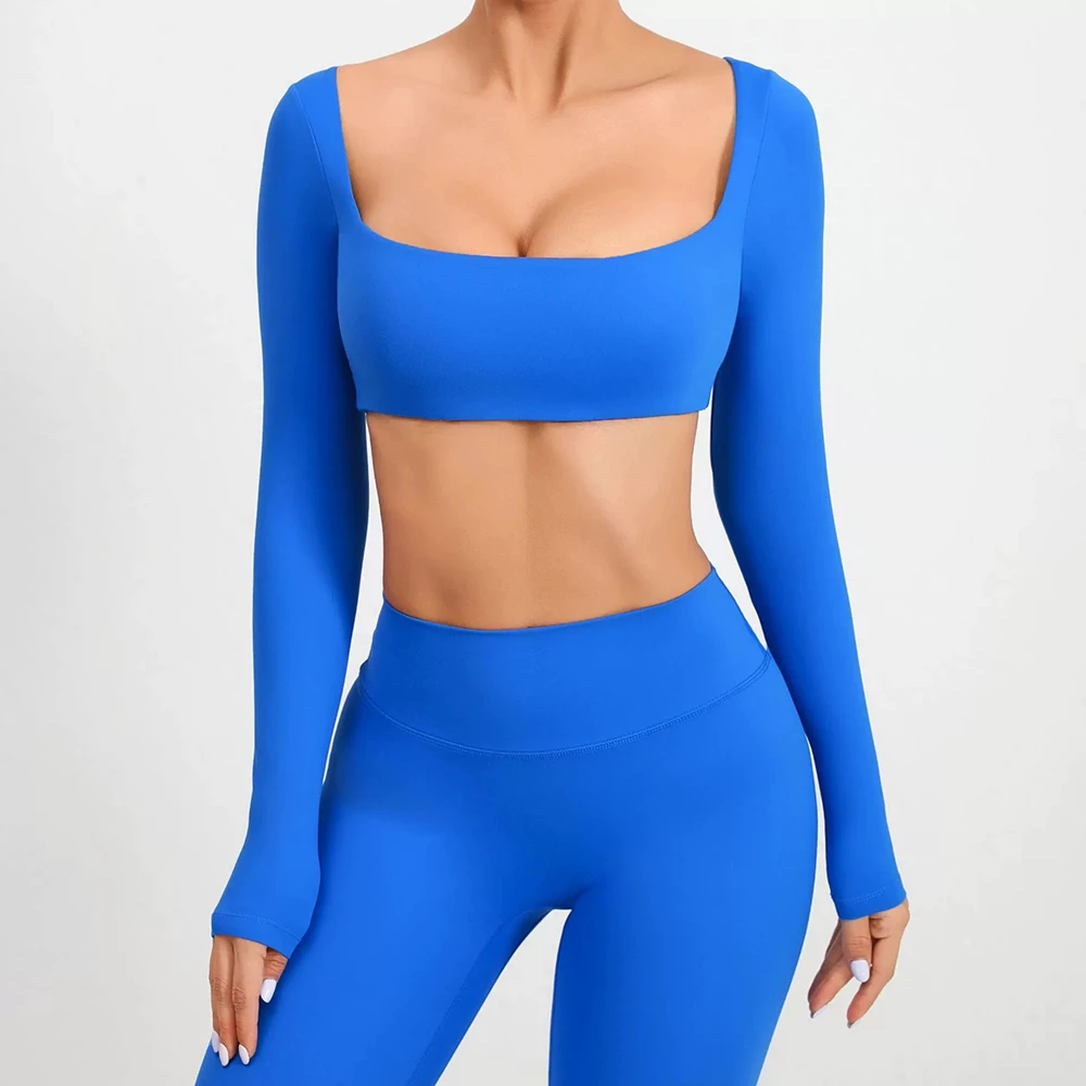 Wholesale square Collar Long Sleeved Yoga Clothes, Outdoor Running and Fitness Bras, Quick Drying Sports Tops for Women
