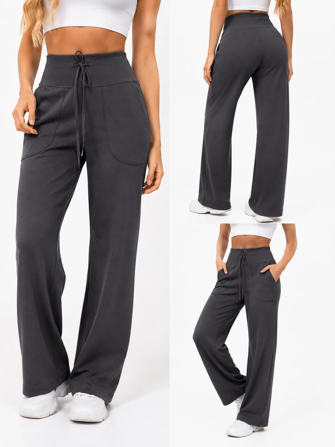 High Rise Tummy Control Wide Leg Yoga Pants Women with Pockets Seamless Quick Dry 4 Way Stretch Butt Lifting Leggings OEM