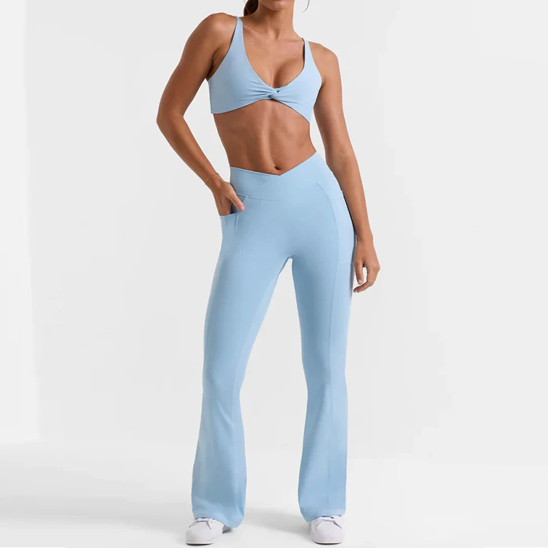 High Quality Summer Women's Gym Fitness Set Quick Dry Sport Bra & Flare Leggings Two Piece Yoga Clothes for Fitness Short Length