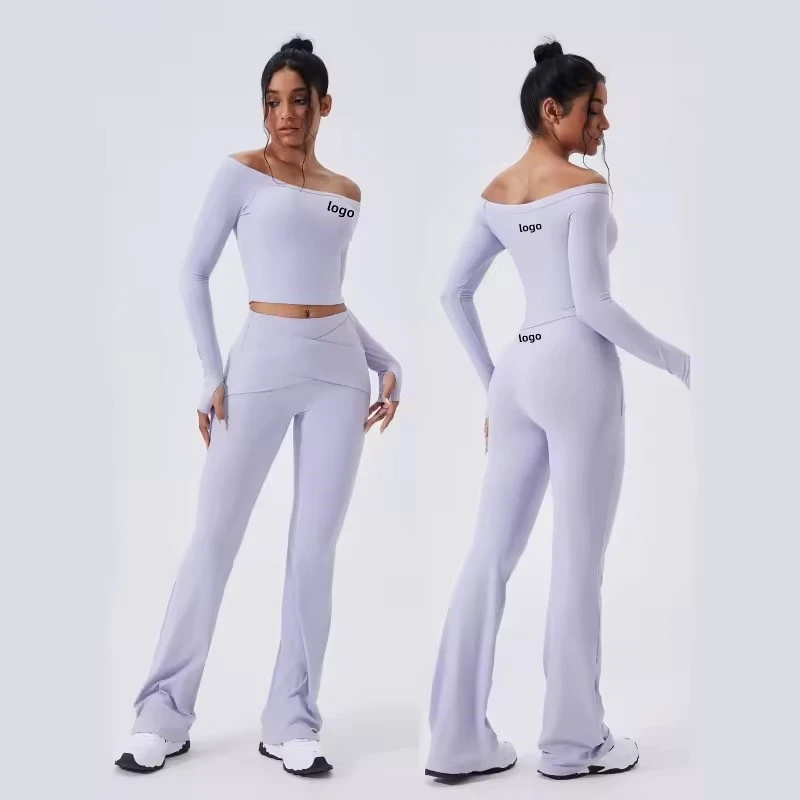 CY0309 Sexy Off-Shoulder Long Sleeved Yoga 2-Piece Fitness Suit High Waist Tight Pants Pilates Fitness Suit Plus Size Yoga Suit