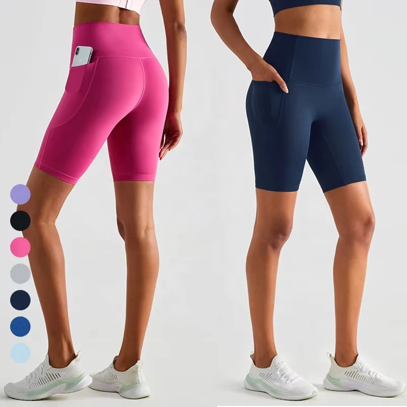 High Waisted Tummy Control No Front T-Line Biker Shorts Super Soft Women Yoga Running Athletic Workout Shorts With Side Pockets