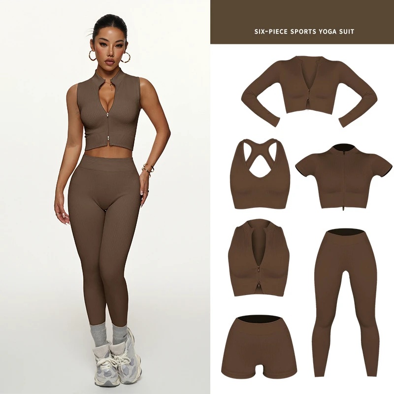 Best Selling Women's Yoga 6-Piece Set Breathable Solid Sports Bra Long Sleeve Jacket Slim Short Sleeve High Waist Butt Front