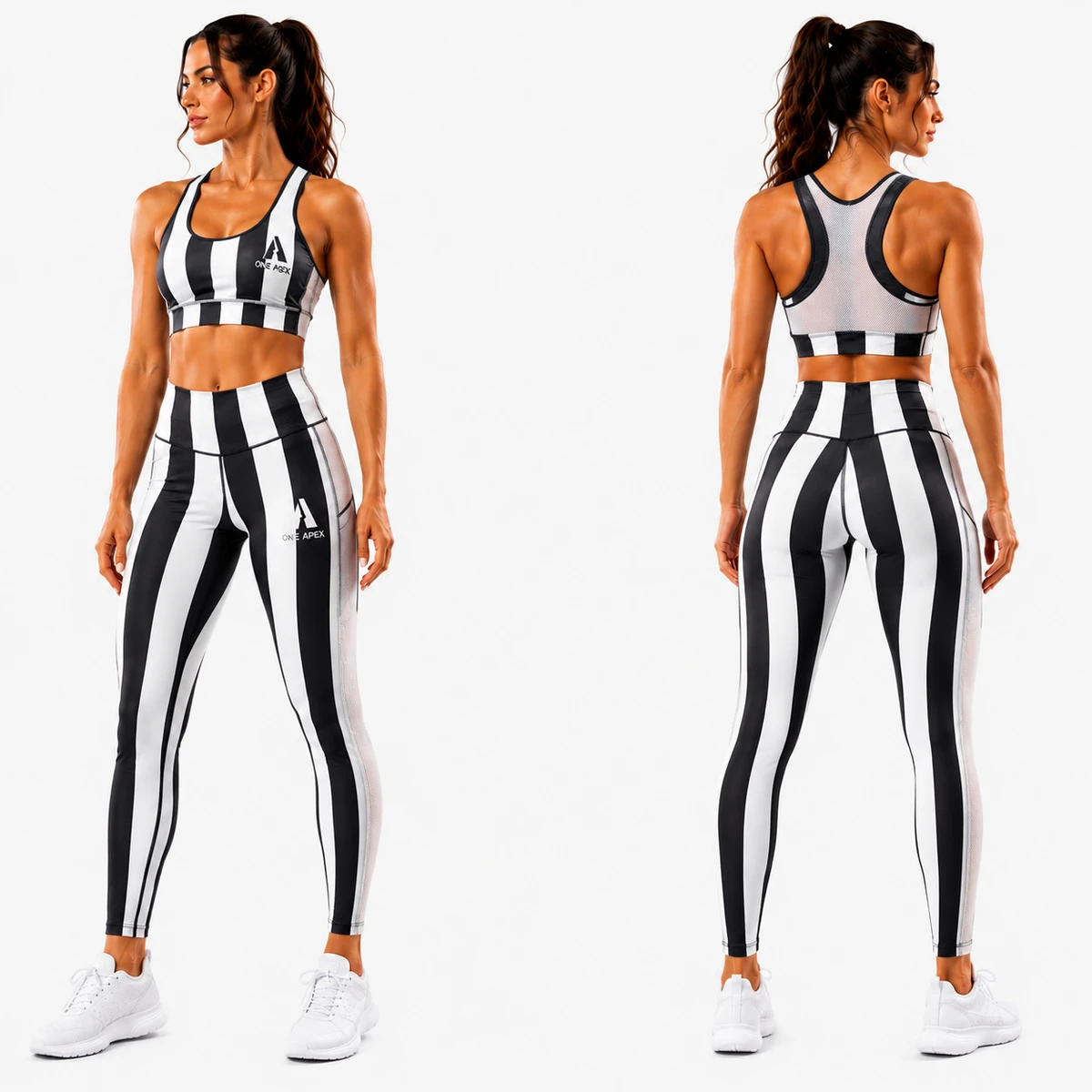 Custom Women Black White Striped Yoga Set High Waist Leggings Sports Bra Gym Fitness Activewear Workout Suit Quick Dry Trainings