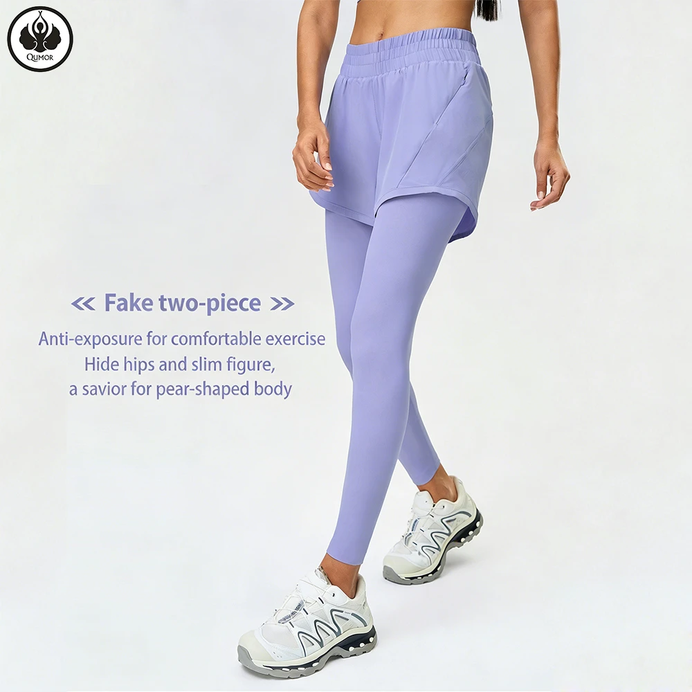 QUMOR Fashionable Skinny False Two-piece Design High Waist Yoga Pants Pockets Solid Elastic Waist Running Leggings Quick Dry