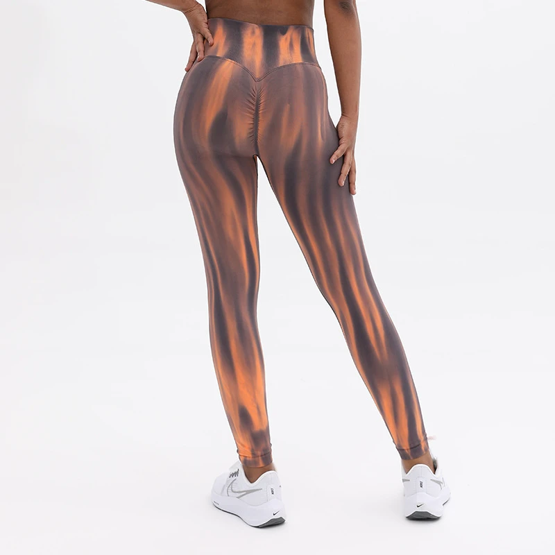 Women's High Waist Iridescent Flame Print Ribbed Waistband Squat Proof Athletic Leggings Butt Lifting High-Stretch Yoga Pants