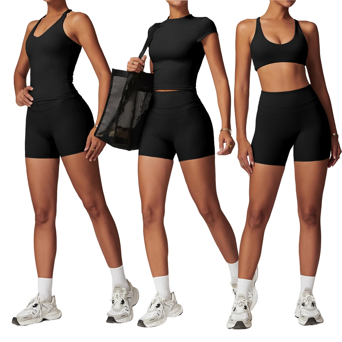 Women's Soft Brushed Quick-Dry 4 Way Stretchy Tight High-waisted Yoga Short Pants Fitness Bra Top Outdoor Running Sports Wear