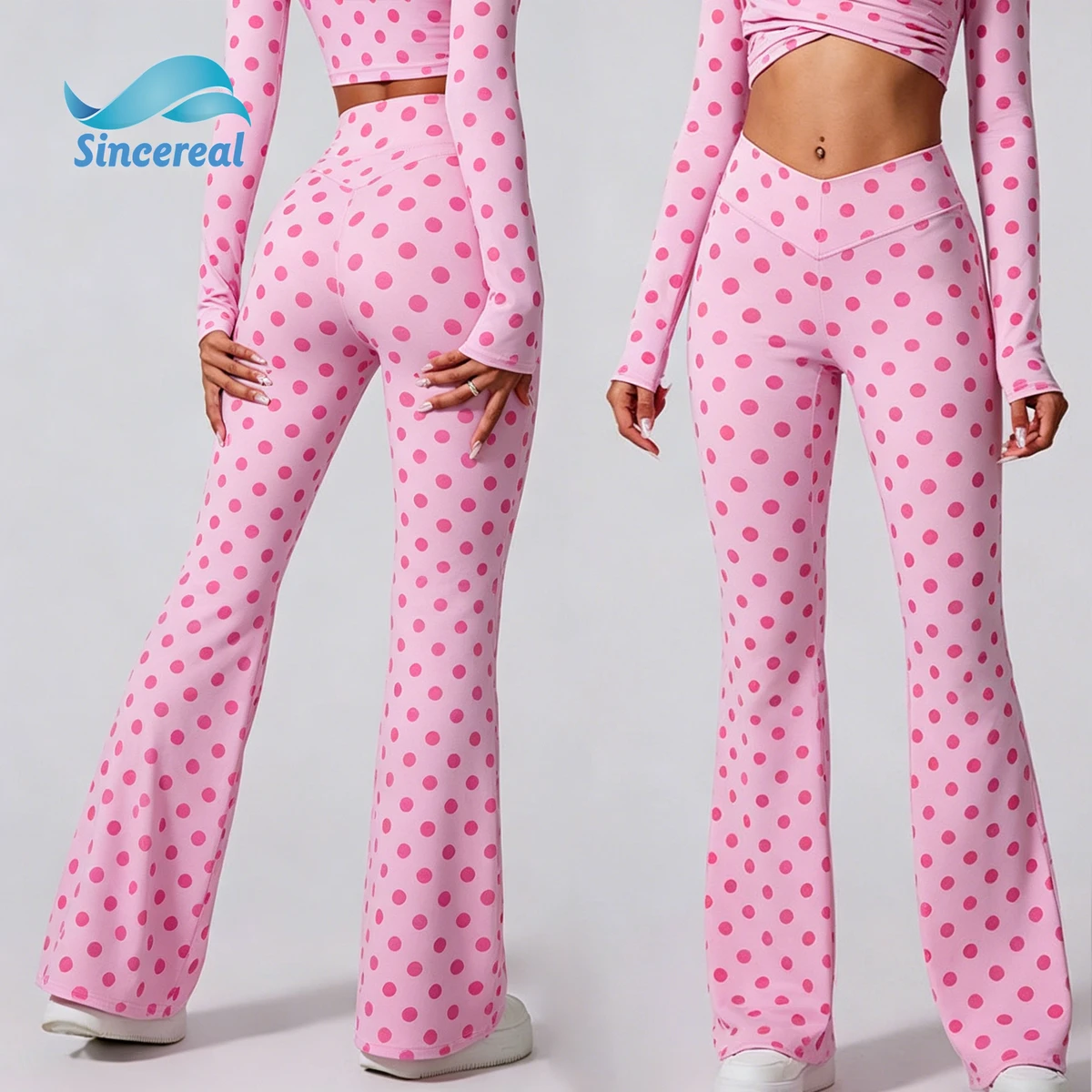 Custom Nylon Spandex Flared Leg Mid Waist Eco Friendly Quick Dry Breathable Comfortable Plus Size Women Polka Dot Yoga Legging