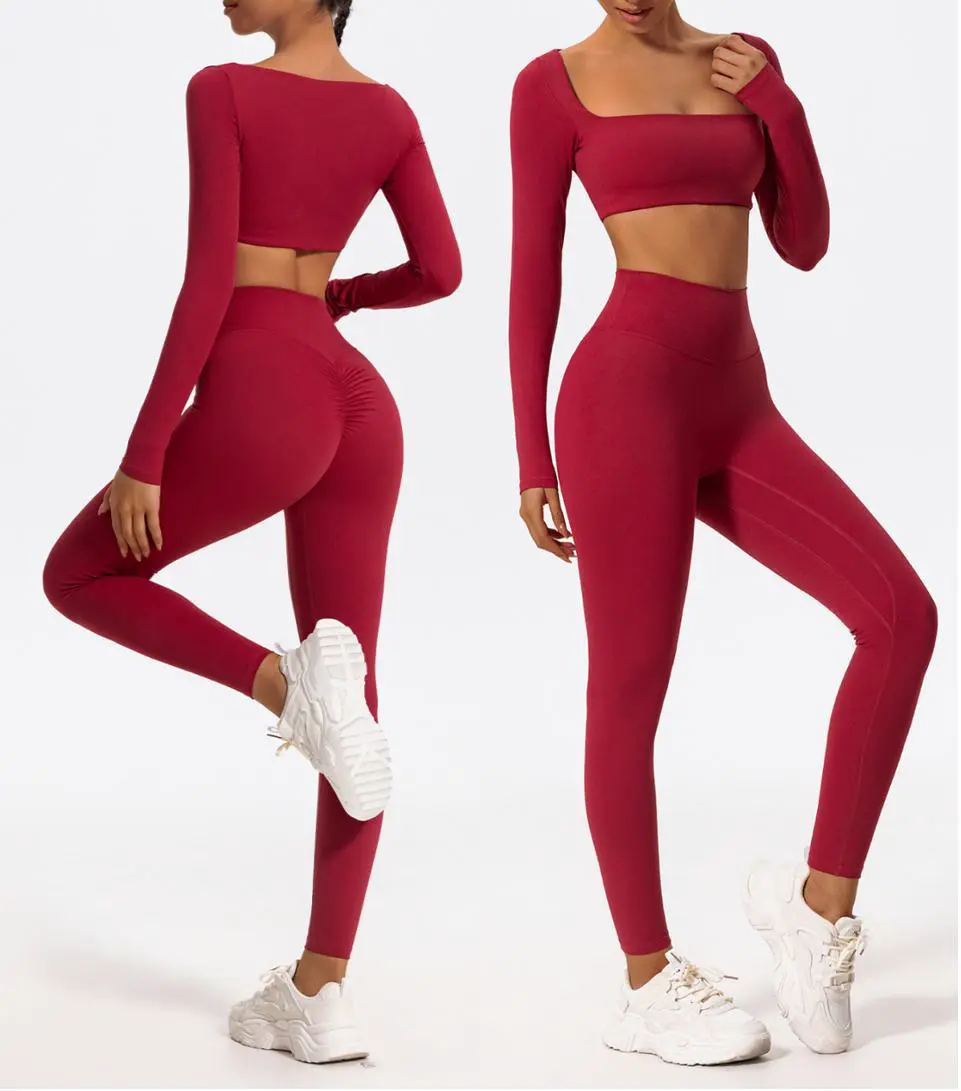 Breathable Active Stretch Gym Fitness Set Long Sleeved Square Neck High Waist Legging Pilates Yoga Suit for Women