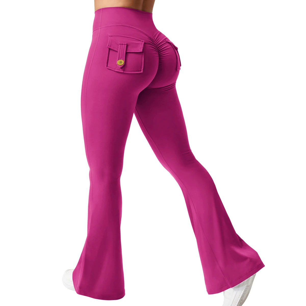Women's High Waist Bootcut Flared Yoga Pants Cargo Pocket Elastic Tummy Control Workout Leggings Eco-Friendly Spandex Material