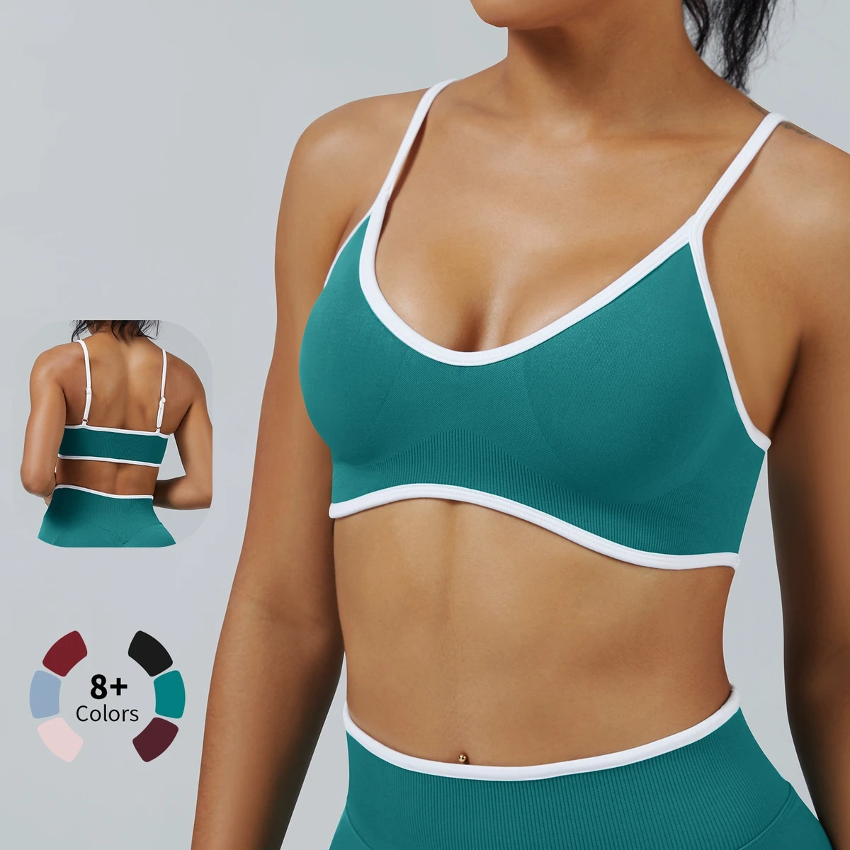 Women's Seamless Yoga Sports Bra Adjustable Thin Strap Beauty Back Shockproof Top for Running Gym Color Block Padded Top