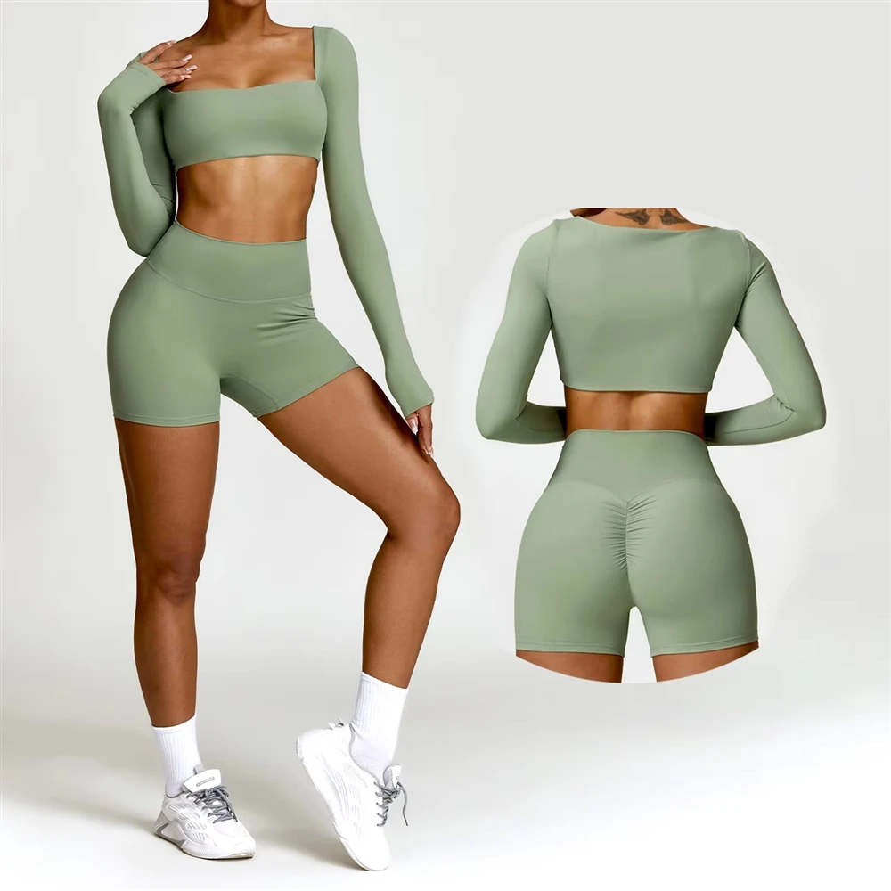 AL010 New Lady Fitness Workout Set Soft Nude Feeling Fabric Crop Top Long Sleeve Yoga Shorts Leggings 2 Piece for Women