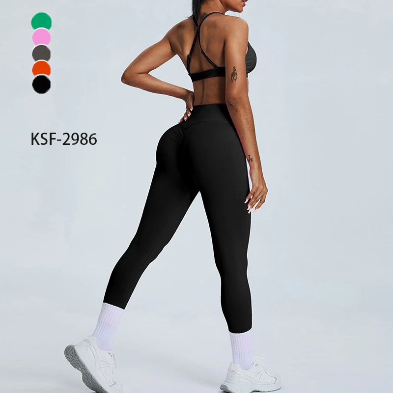 Woman Cross Straps Low Impact Sports Bra and High Waist Yoga Tights Sets Stretchy 2PCS Seamless Fitness Clothing