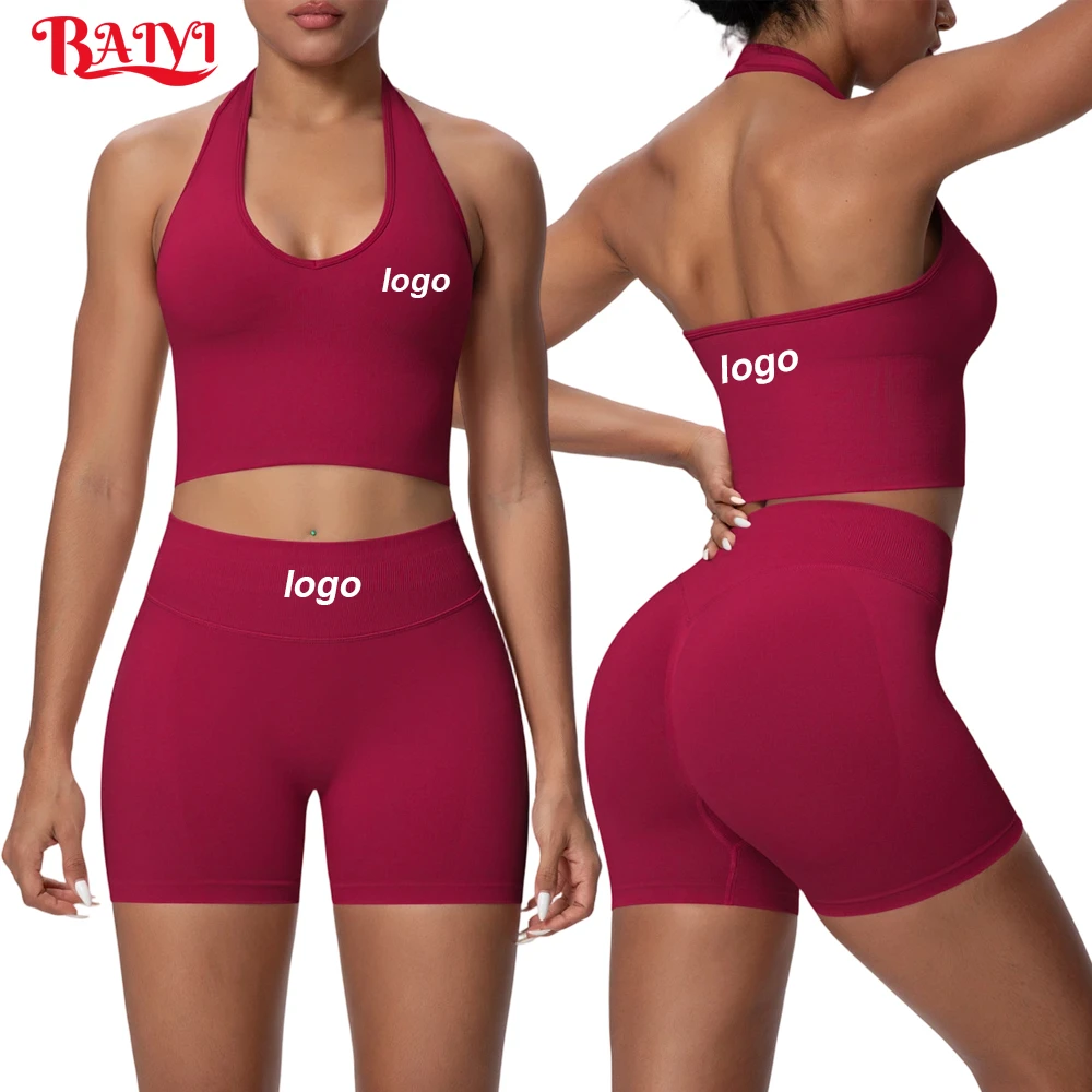 2 Piece Sports Yoga Set Women Backless Halter Neck Impact Top Seamless High Waist Stretchy Shorts Fitness Wear Gym Workout Sets