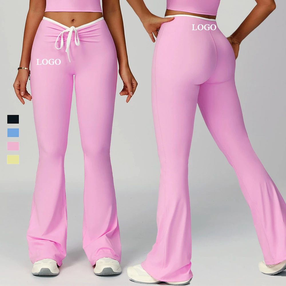Custom Color Contrast 4-Way Stretch High-waisted Folded Drawstring Fitness Pant Butt Lift Moisture-Wicking Flared Yoga Leggings