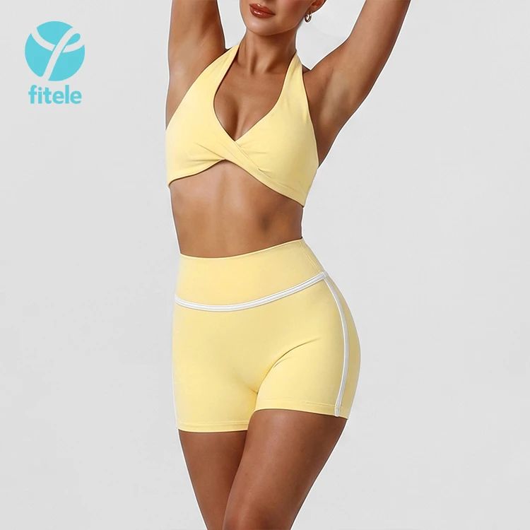 Custom Logo Front Breathable Seamless Yoga Set For Women High Quality Two Piece Gym Tank Top And Shorts