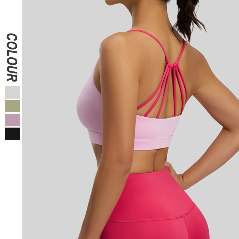 Custom Logo Women Strappy Back Sports Bra Fixed Pad High Elastic Yoga Gym Workout Bra Multiple Colors