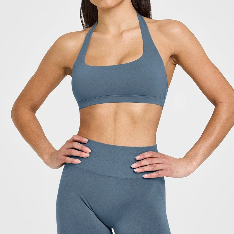 Women Casual Skinny Fit Solid Halter Bralette Low Coverage Sports Bra Removable Padding Sweat Wicking Sustainable Fabric