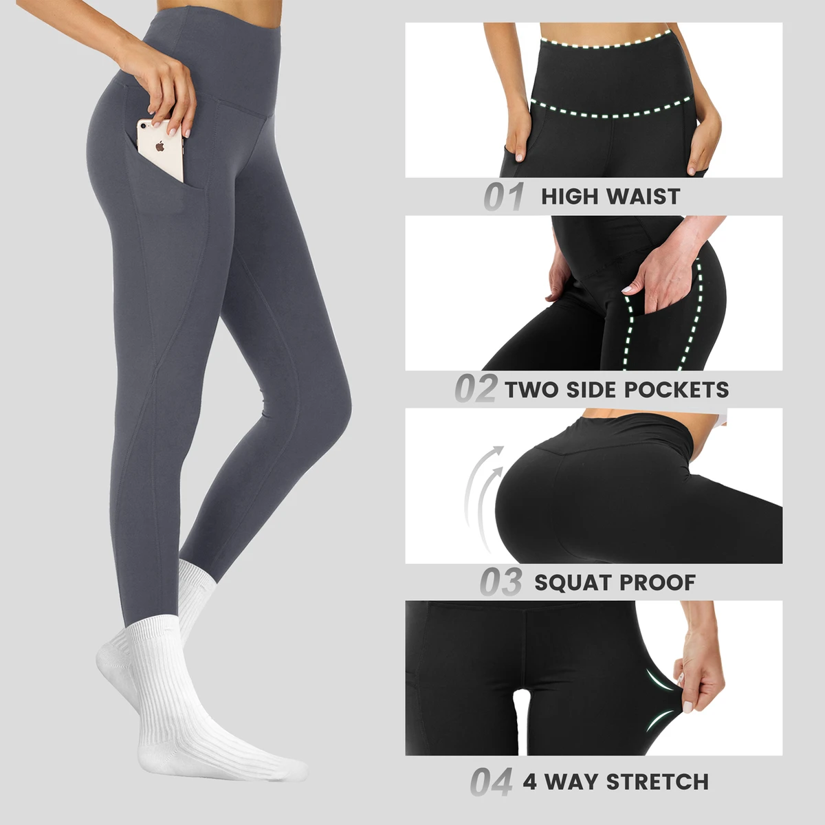 High Waist Elastic Nylon Gym Leggings Breathable Tummy Control Push Simplicity Yoga Running Hiking Features Solid Leg Pockets