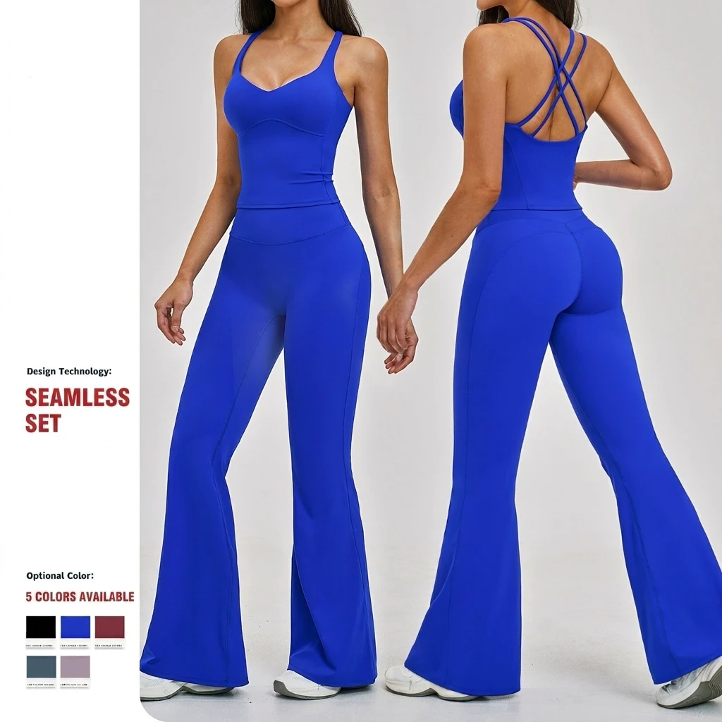 European American Women's Brushed Yoga Set Crisscross Back Tank Top High Waist Flare Leggings 2 Piece Pilates Outfit Yoga Set