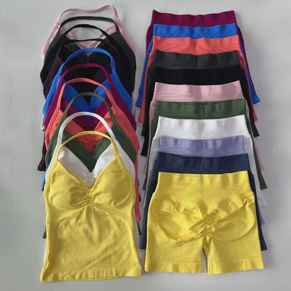 2pcs Gym Set For Women Backless Tank Tops Scrunch Seamless Shorts XL Fitness Activewear Breathable Workout Apparel Solid Summer