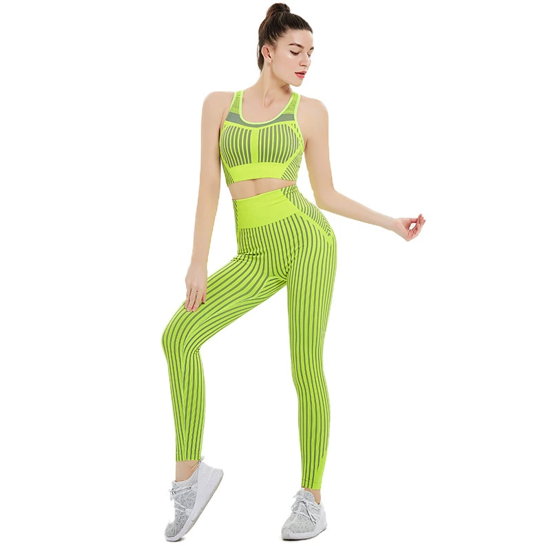 European and American Yoga Clothes Women's Large Size Seamless Striped Sexy Bra Hip Lift Trousers Fitness Suit