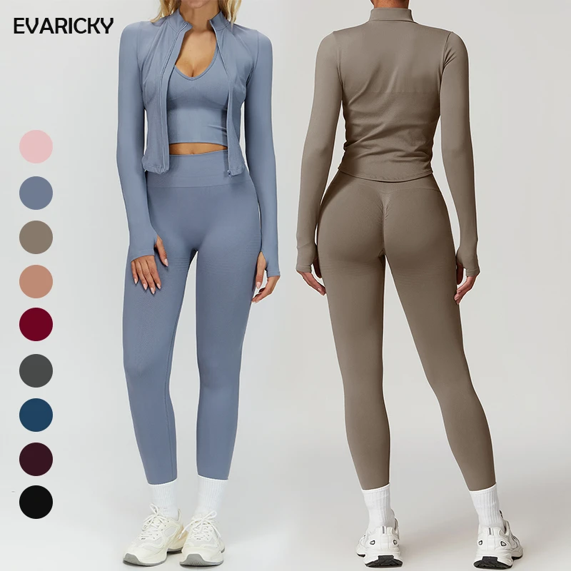 For Solid Breathable Yoga 3-Piece Workout Set For Women Seamless Leggings Sports Bra & Jacket Four-Way Stretch Quick Dry