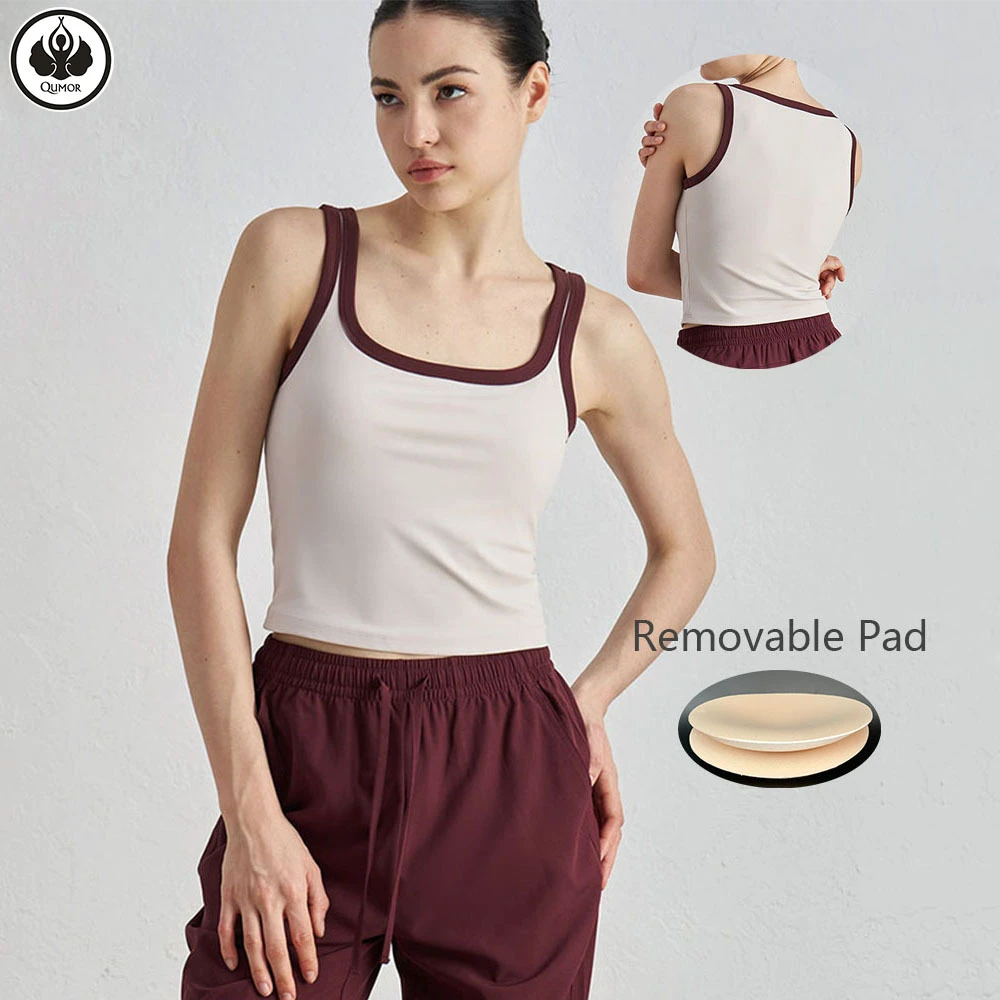 QUMOR Contrast Color Lines Slim Sports Vest Top Women's Sexy Beauty U Neck Summer Singlet Yoga Fitness Gym Wear