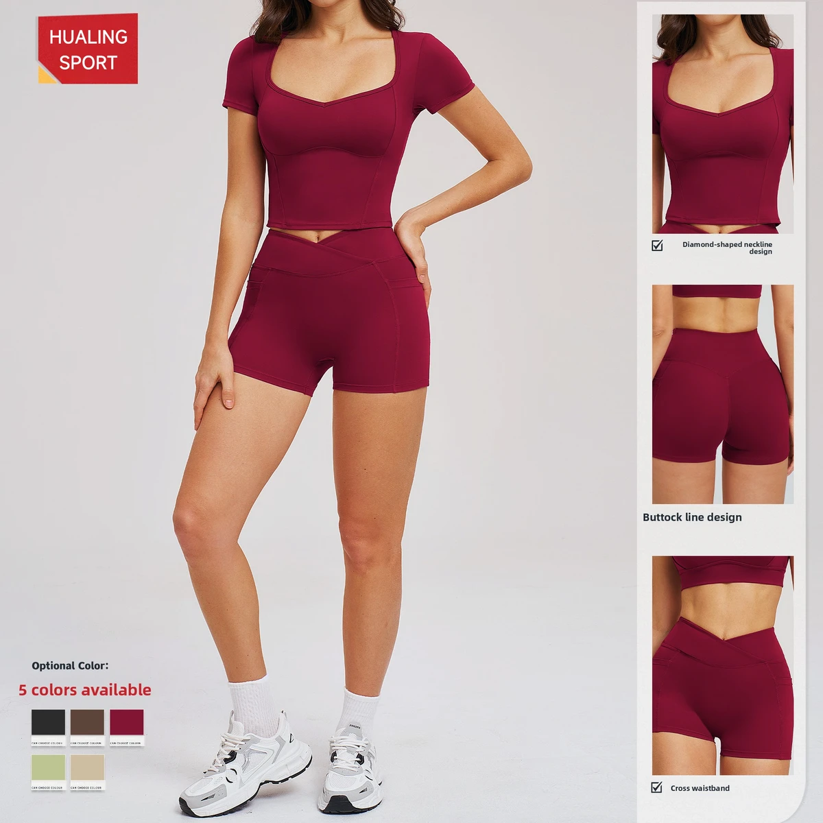 Women's 2 Piece Yoga Set, Square Neck Short Sleeve Crop Top with High Waist Shorts, Nylon Spandex Activewear for Gym Workout