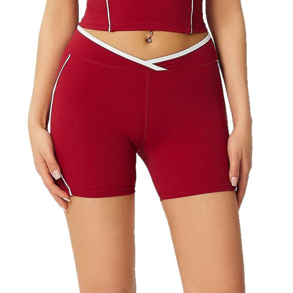 European American Style Nude-Look Solid High Sweat-Wicking Spandex/Nylon Yoga Shorts Crossed Waistband Tight Running Fitness