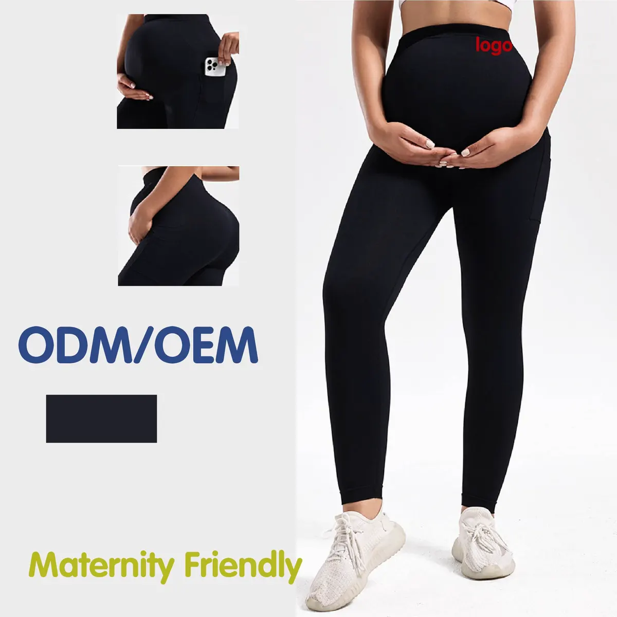 Pregnant Women's High Waist Slim-fit Side Double Pocket Anti-Bacterial Spandex/Nylon Belly-supporting Hip-lifting Yoga Leggings