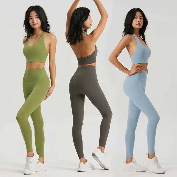 Wholesale Nude Feeling Soft High Quality Sexy Women Backless Open Back Sport Bra Free Size Leggings 2Pcs Fitness Gym Yoga Set