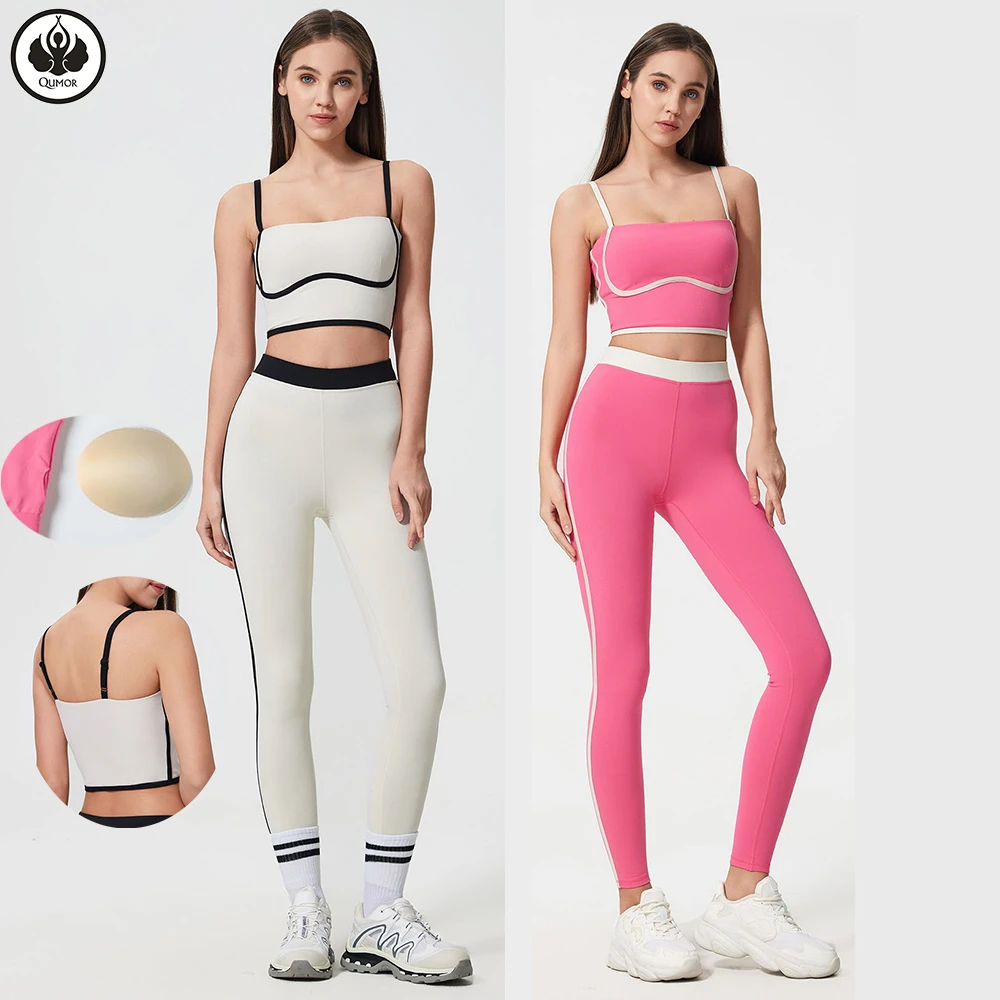QUMOR Plus Size Breathable Sweat-Wicking Contrast Color Active Wear Set High Elastic Waist Adjustable Sexy Backless Fitness Yoga