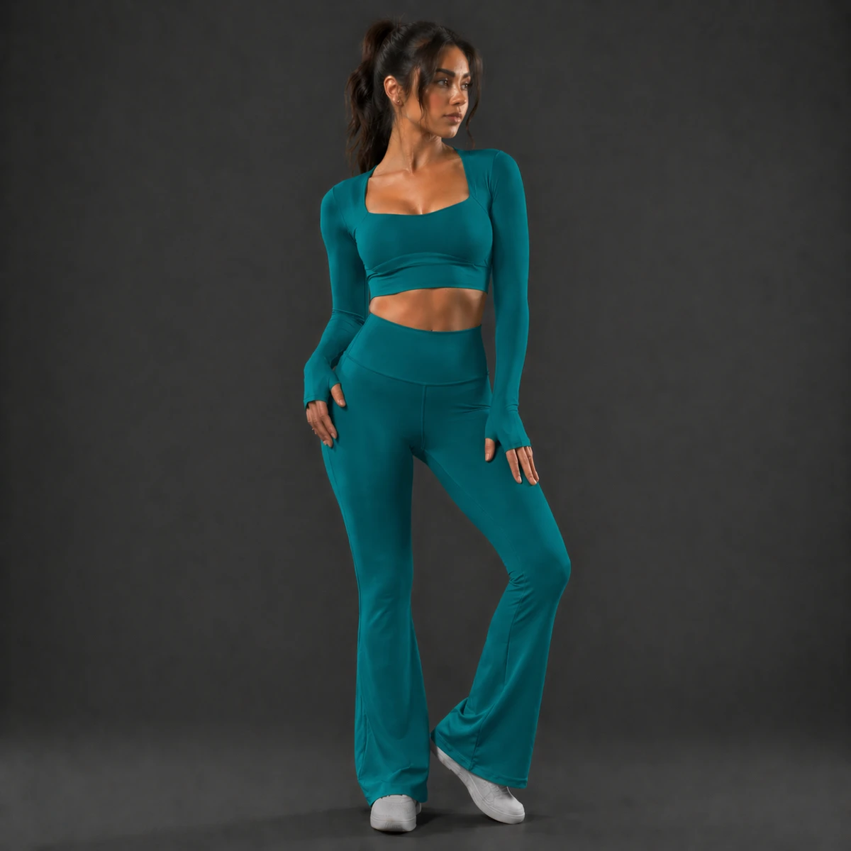 2026 Premium Women Solid Flare Leggings Yoga Set High Waist Pants Long Sleeve Top Stretch Breathable Fitness Activewear Set