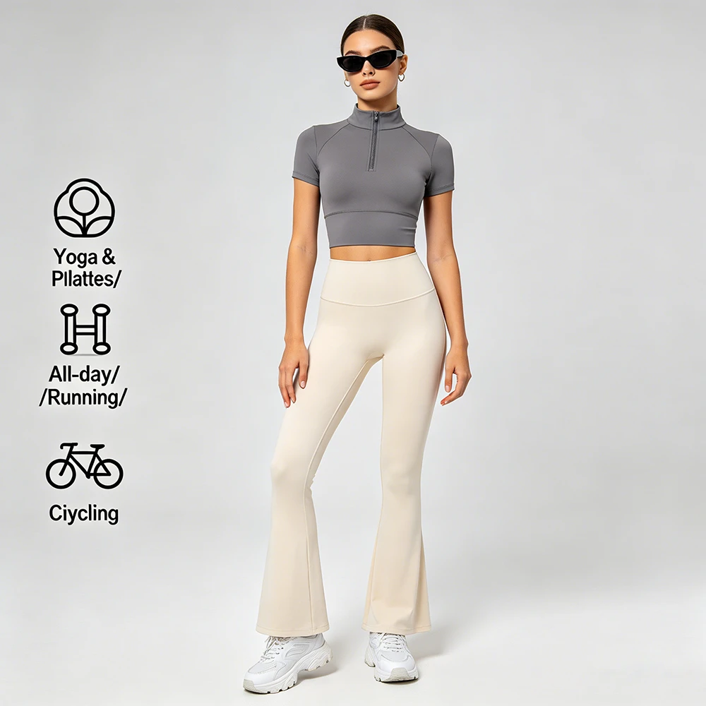 Custom High Quality Women Plus Size Solid Short 2-Piece Yoga Set Half-Zip Crop Top High Waist Flared Leggings Breathable Workout