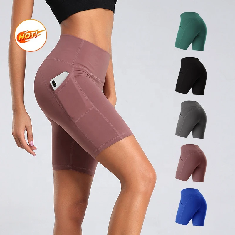 Pack Biker Shorts for Women Pockets High Waisted Tummy Control Breathable Quick Dry Spandex/Polyester Workout Yoga Running Gym