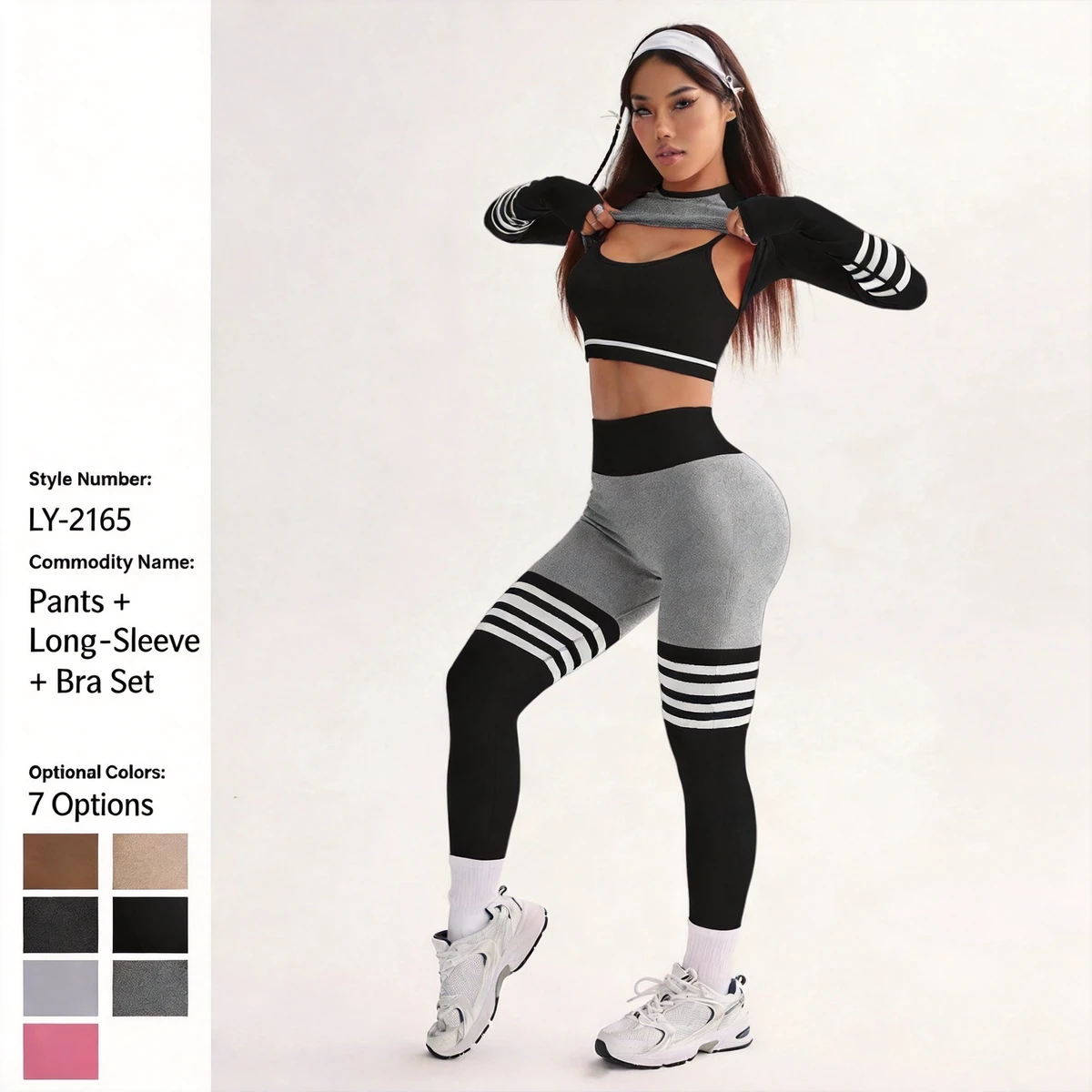 Custom Striped High Waist Tummy Control Quick Dry Nylon Spandex Women Yoga Set 3 Piece Workout Outfits for Gym Fitness Running