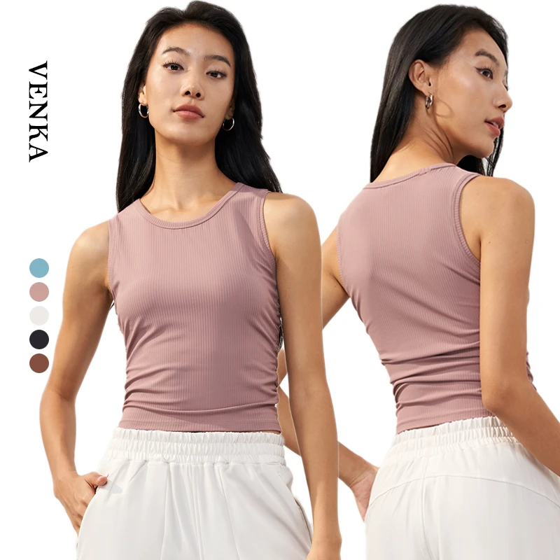 Female Sleeveless Sports Bra Tank Top Slim Nylon Training Clothing with Elastic Ribbed Knit Neck Breathable Built-In Bra Padding