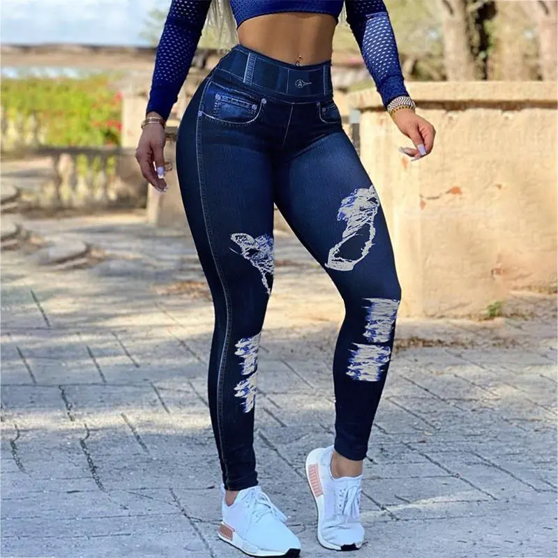 High Waist Printed Yoga Leggings With Ripped Denim Design Full Length Elastic Waist Four-Way Stretch Fitness Pants