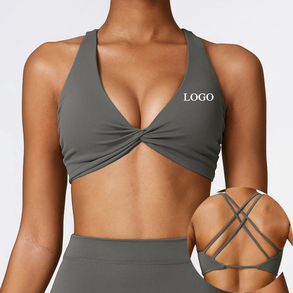 Custom Nylon Spandex High Stretchy Seamless V Neck Front Twist Fitness Yoga Bra Top Moisture-Wicking Cross Back Gym Sports Bra